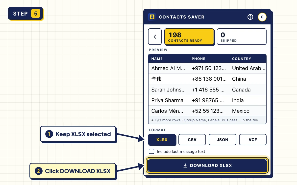 DOWNLOAD XLSX button on the CONTACTS READY screen to export WhatsApp group contacts to Excel