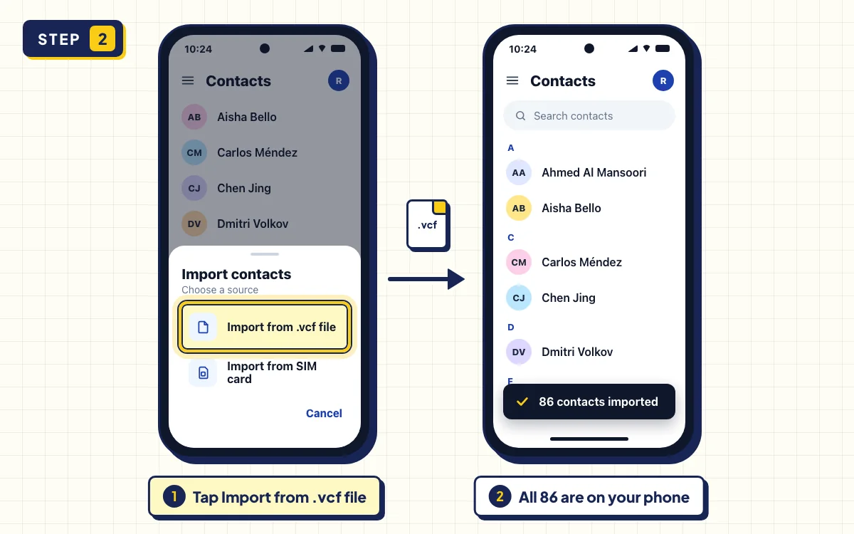 Android Contacts app importing a .vcf file with 86 WhatsApp group contacts