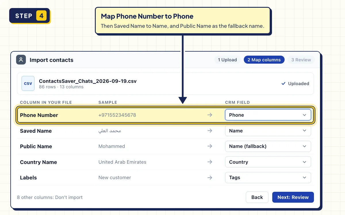 CRM import screen mapping the Phone Number column of a WhatsApp contacts CSV to the Phone field