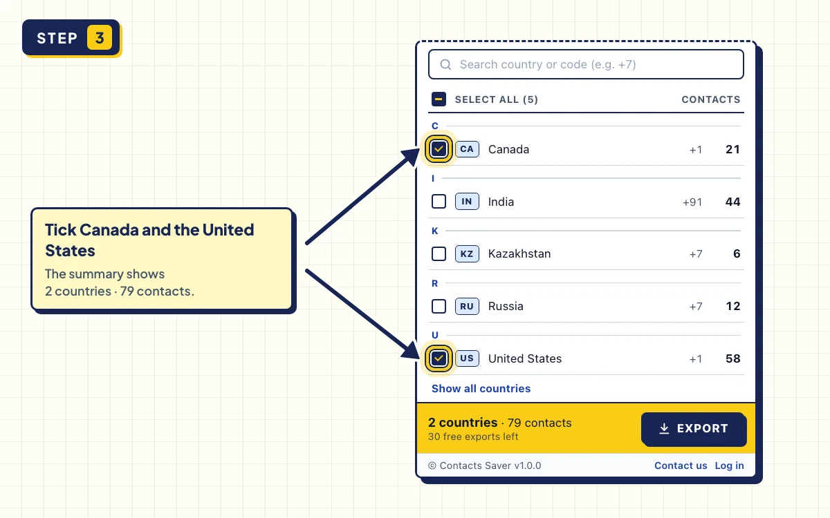 COUNTRIES tab with Canada and USA ticked to export WhatsApp contacts by country