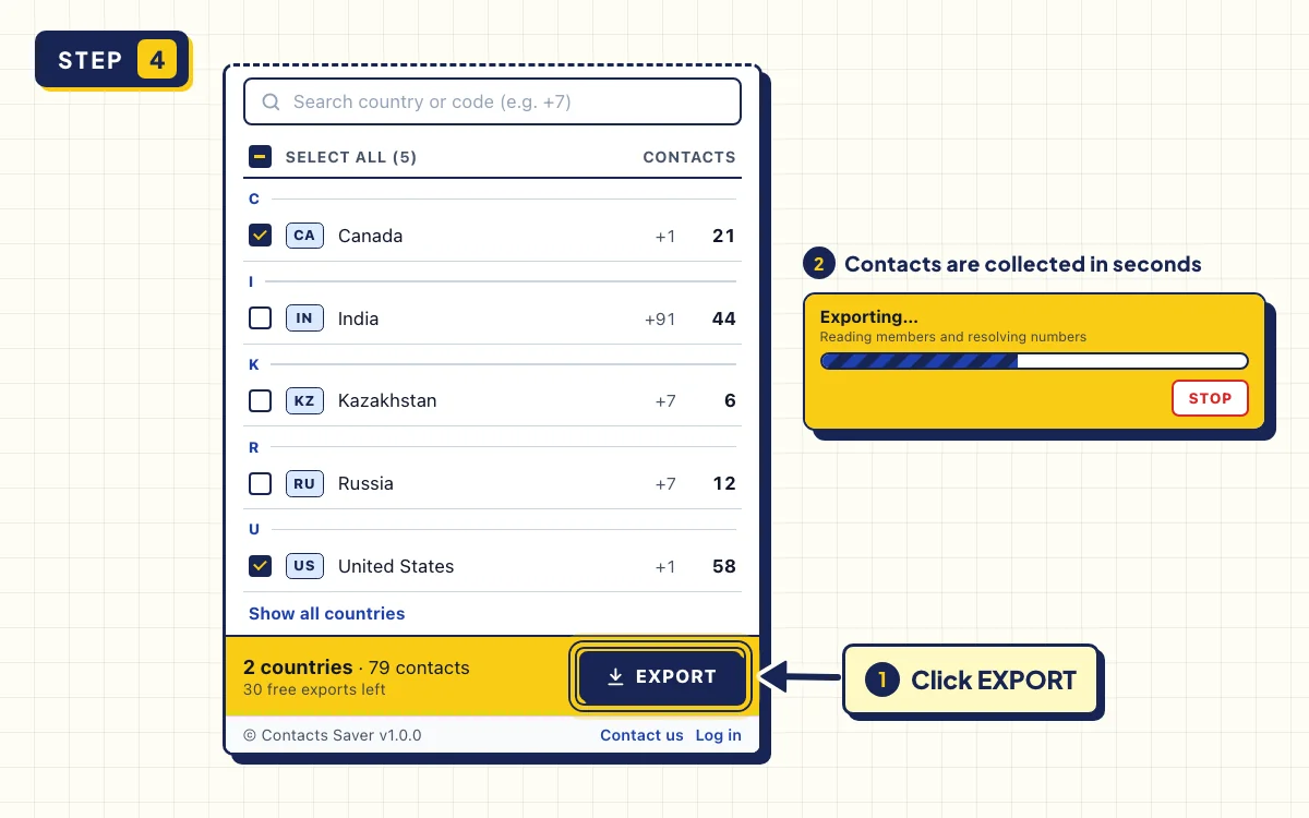 EXPORT button highlighted after selecting 2 countries in Contacts Saver